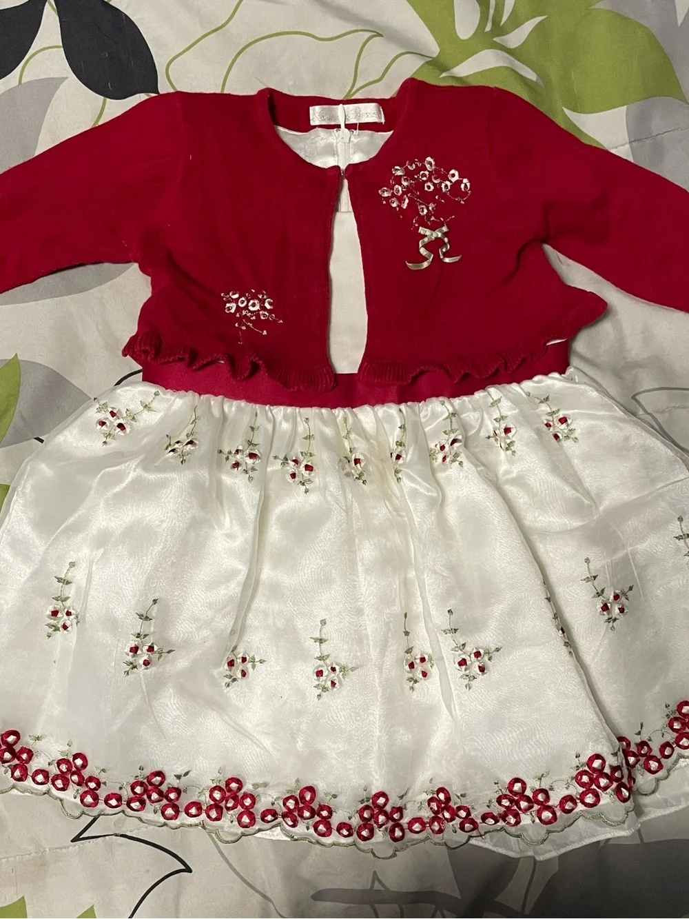 American Princess Red and White Embroidered Floral Holiday Dress